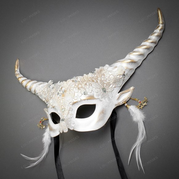 Krampus Horn Lace Animal Devil Women Mask - White Gold - Picture 4 of 5